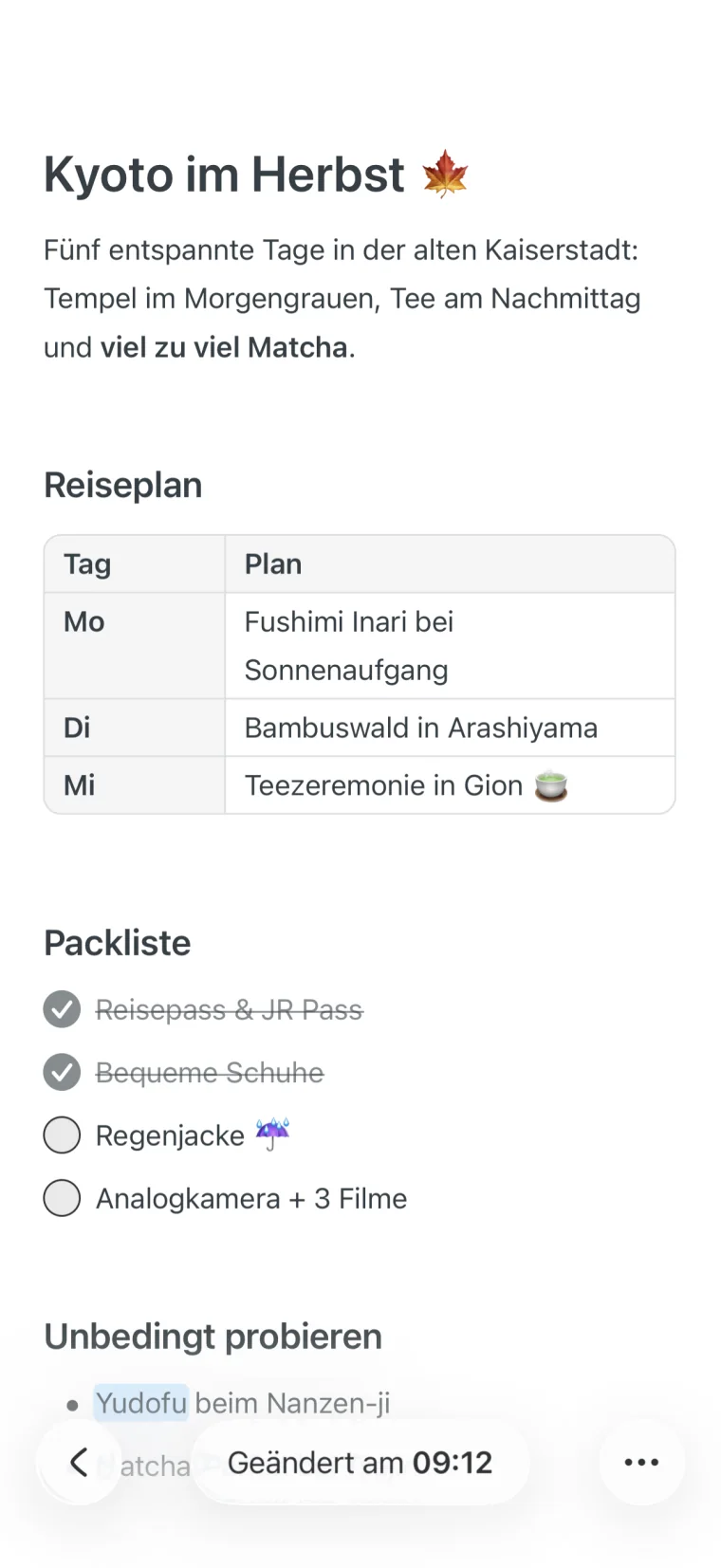 Eine Notiz in Noto mit Überschrift, Tabelle, Checkliste und einem hervorgehobenen Wort