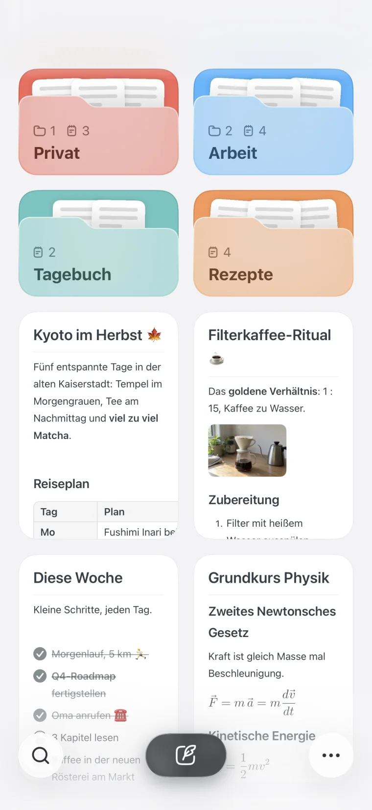 Noto auf dem iPhone, mit farbigen Ordnern über einem Raster aus Notizen