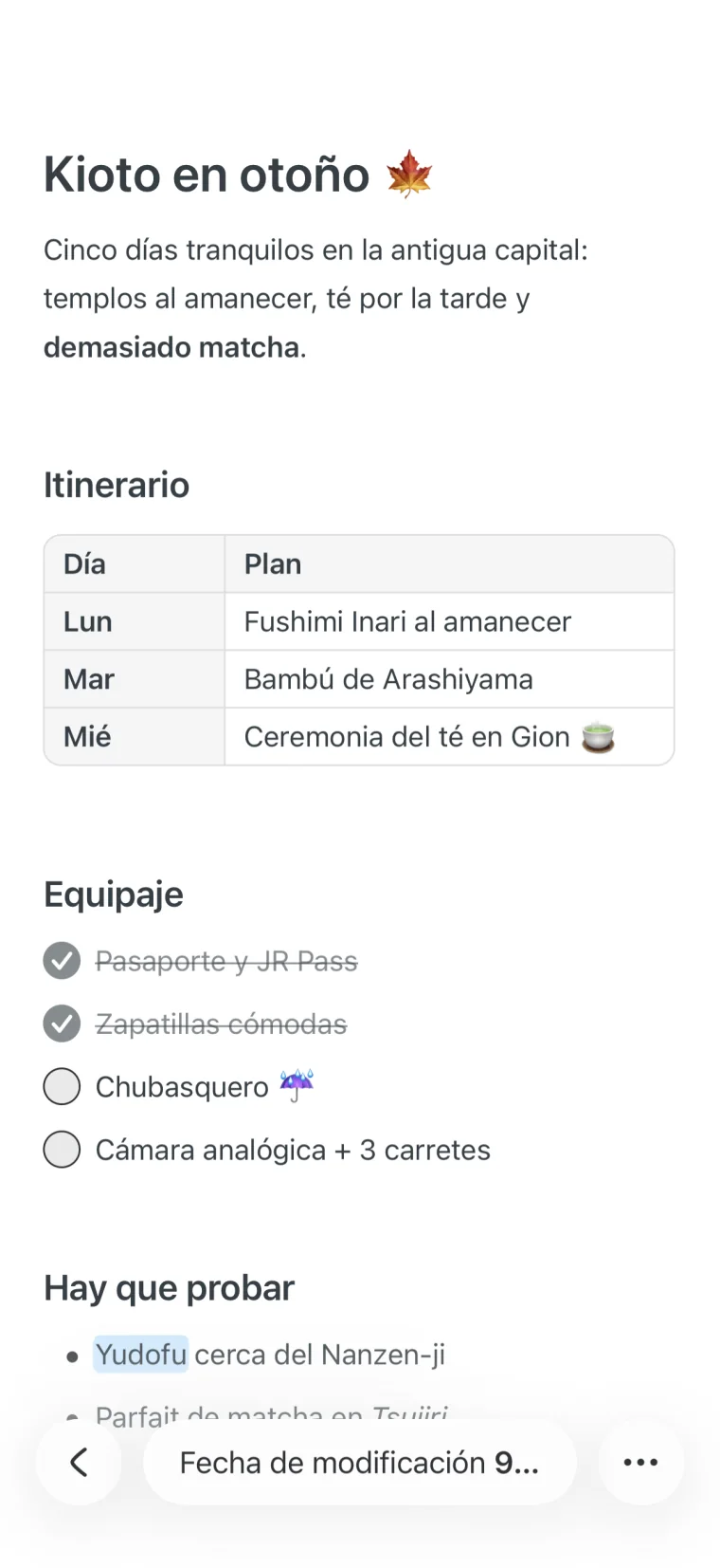 Una nota en Noto con un título, una tabla, una lista de comprobación y una palabra resaltada
