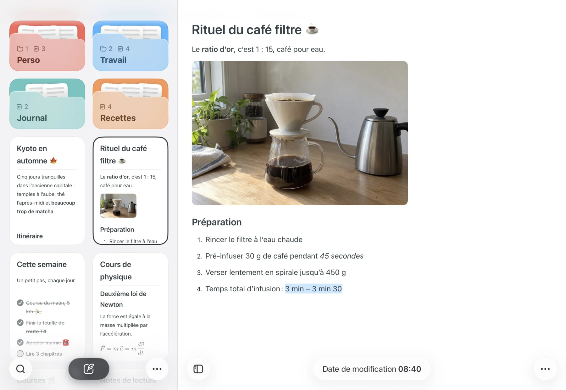 Noto sur iPad, avec les dossiers et les notes dans la barre latérale et une recette ouverte à côté