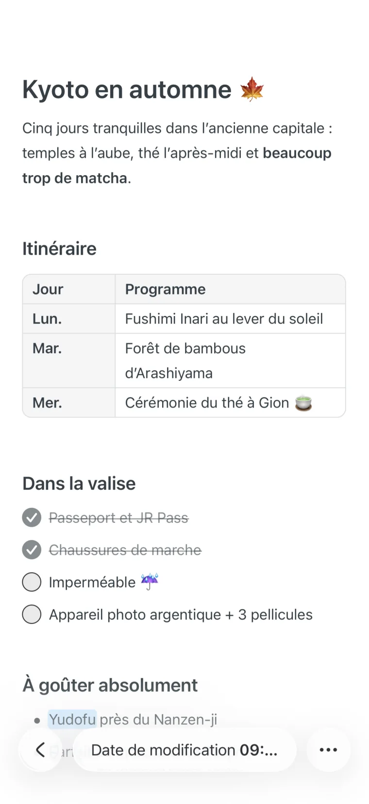 Une note dans Noto avec un titre, un tableau, une liste de contrôle et un mot surligné