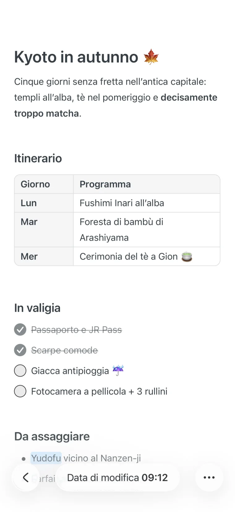 Una nota in Noto con un titolo, una tabella, una checklist e una parola evidenziata