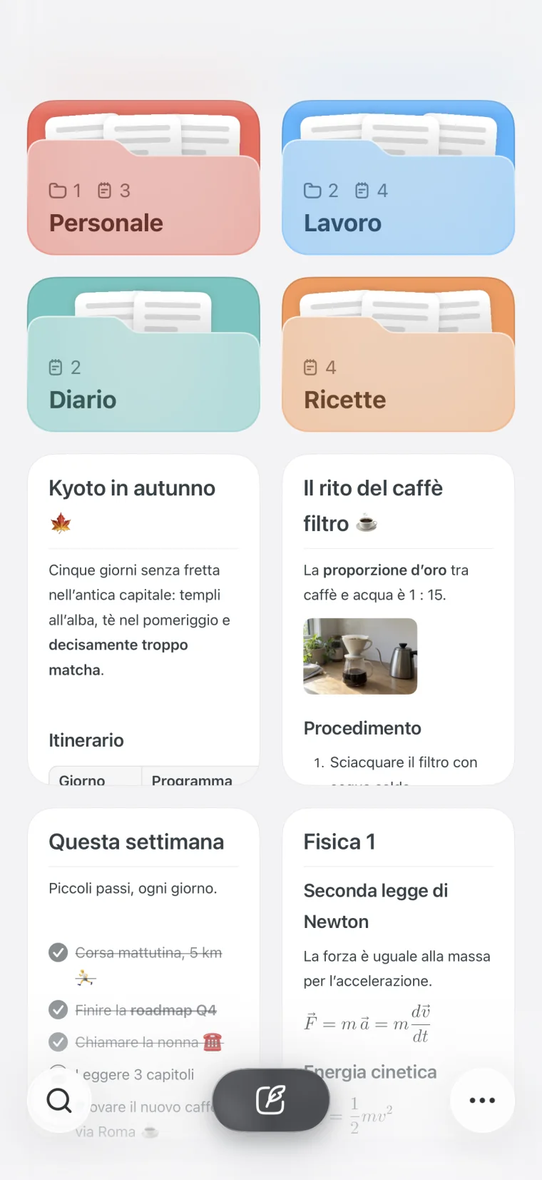Noto su iPhone, con cartelle colorate sopra una griglia di note