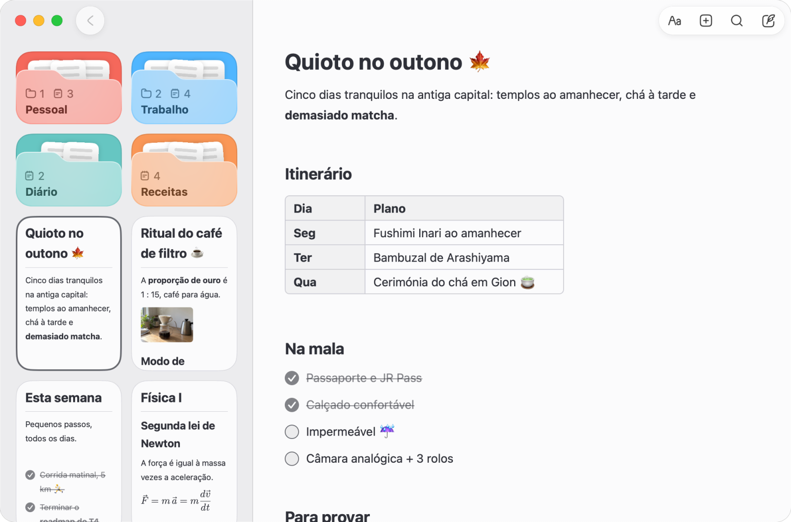 O Noto no Mac, com pastas e notas ao lado de um plano de viagem com uma tabela e uma lista de verificação para a mala