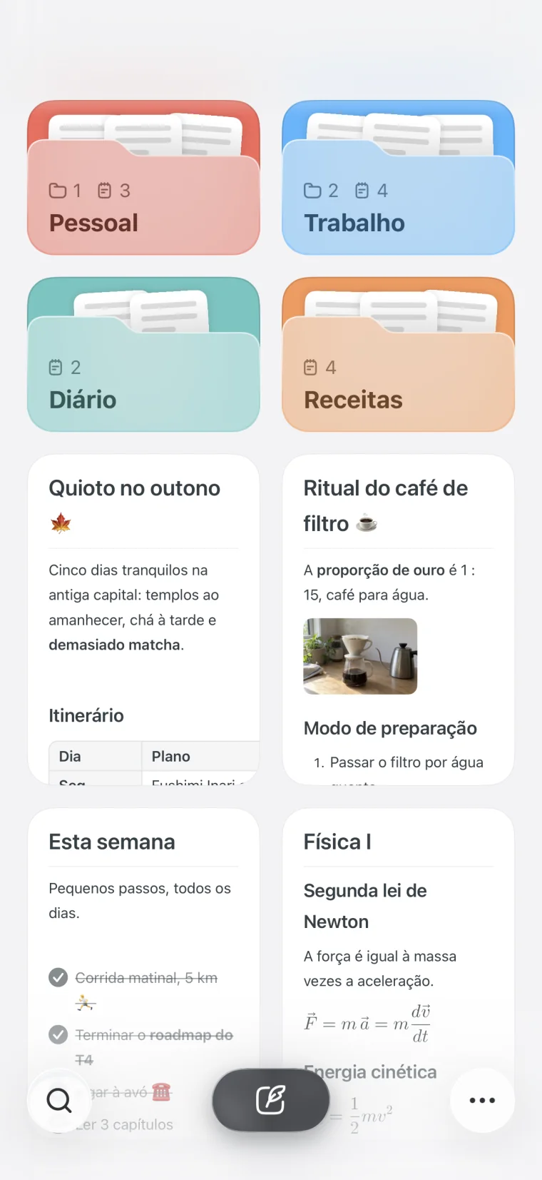 O Noto no iPhone, com pastas coloridas por cima de uma grelha de notas